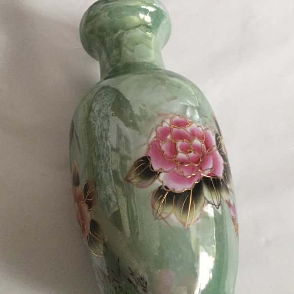 Beautiful ceramic vase green luster ware floral pink flower peacock 12" tall - Picture 7 of 7